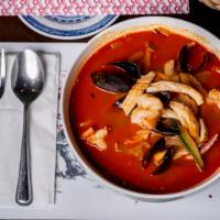 Jjamppong · Spicy soup with pork, seafood,vegetables.