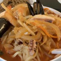 Samseon Jjamppong Bap · Premium spicy seafood soup with pork and vegetable. Serving with rice