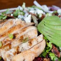 Bourbon Cranberry Chicken Salad · Grilled chicken, spinach, arugula, romaine, red and green onions, bleu cheese, glazed pecans...
