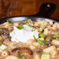 Beef Stroganoff · Ground beef, onions, garlic, cremini mushrooms, and macaroni noodles in stroganoff sauce. To...