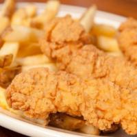 Crooked Chicken Strips · With BBQ or honey mustard sauce.