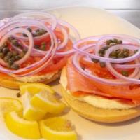 Lox   · Served open faced with cream cheese, tomatoes, onion and capers.