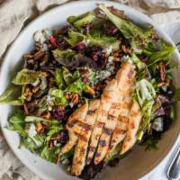 Grilled Chicken Pecan Salad · Mixed Greens/House-Brined Chicken Breast/Bleu Cheese Crumbles/Dried Cranberries/Pecans/
Bals...