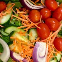 House Salad · Mixed Greens/Cucumber/Grape Tomatoes/Sliced Red Onion/Carrots/Red Wine Vinaigrette