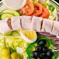 Chef Salad · lettuce, onion, tomato, olives, cucumbers, green peppers, pepperoncini, egg, ham, turkey, pr...