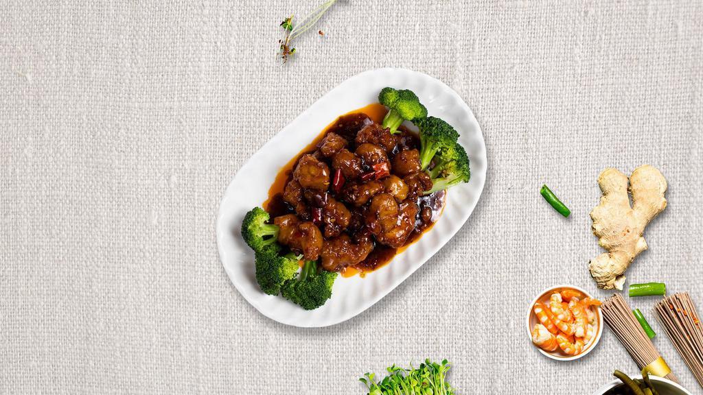 General Chicken · Crispy chicken breast, steamed broccoli, steamed carrots topped with our house-made sauce and fried shallots. Served with your choice of rice.
