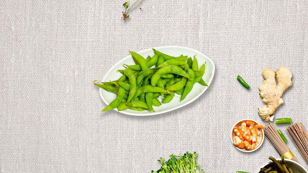 Edamame · Steamed young soybeans in pods, sprinkled with pure Himalayan salt.