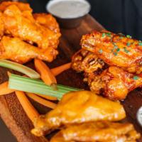 15 Federal Wings · served with celery, carrots + house ranch or blue cheese. Choose between Buffalo, Honey Hot,...