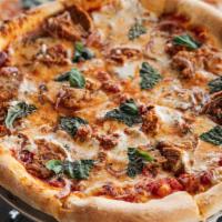 Meatball Pizza · House Meatballs, Federal Cheese Blend, Fresh Mozz, Red Sauce, Basil + Wood Roasted Onions