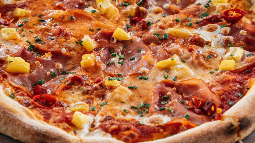Pineapple Express Pizza · Canadian Bacon, Pineapple, Calabrian Chili + Chives