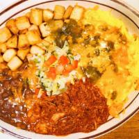 Huevos Rancheros · Two large eggs any style on a flour tortilla topped with your choice of our homemade red or ...