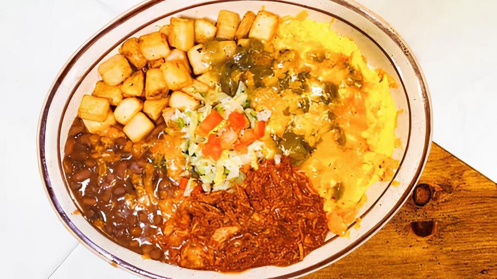 Huevos Rancheros · Two large eggs any style on a flour tortilla topped with your choice of our homemade red or green chile, and melted Cheddar cheese. Served with beans, hash browns or papitas, and flour tortilla. Garnished with shredded lettuce and tomato.