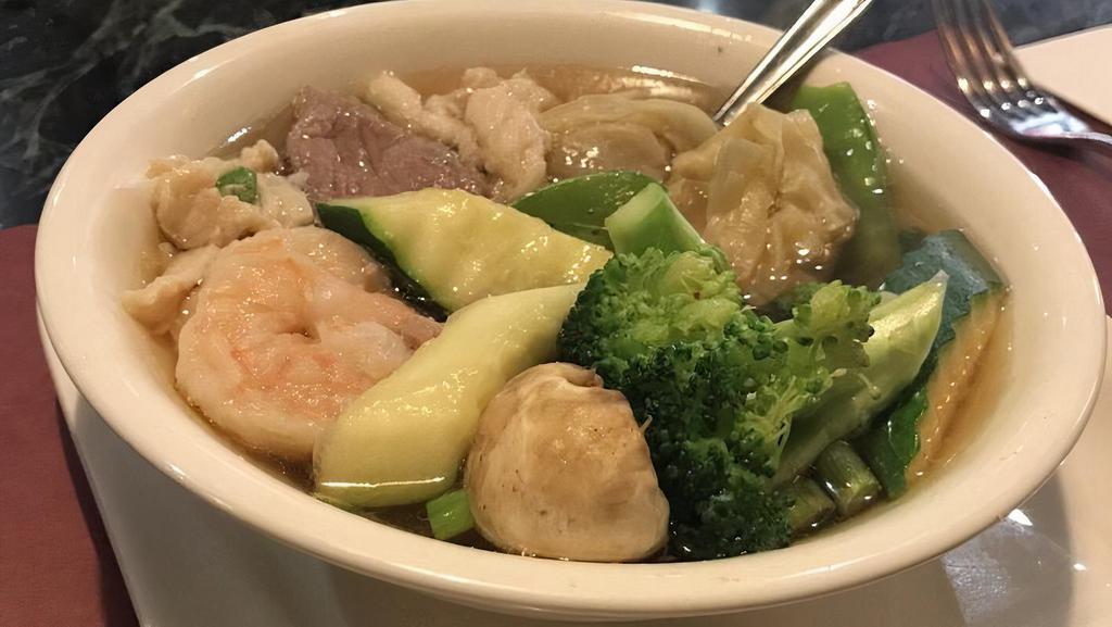 Wor Wonton Soup · Wonton with fresh vegetable, beef, chicken and shrimp in chicken broth.