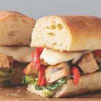 Gina'S Chicken Cheesesteak · Grilled chicken, roasted red peppers, sautéed kale, mozzarella cheese, and pesto mayo on a h...