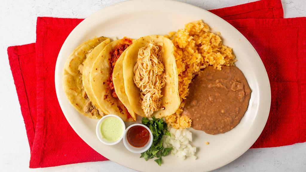 3 Tacos · Include rice and beans.