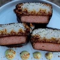 Spam Musubi · fried spam on rice wrapped with nori, served with unagi sauce and wasabi kewpie