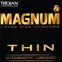 Trojan Magnum Thin Lubricated Latex Condoms · Three large large size condoms per box