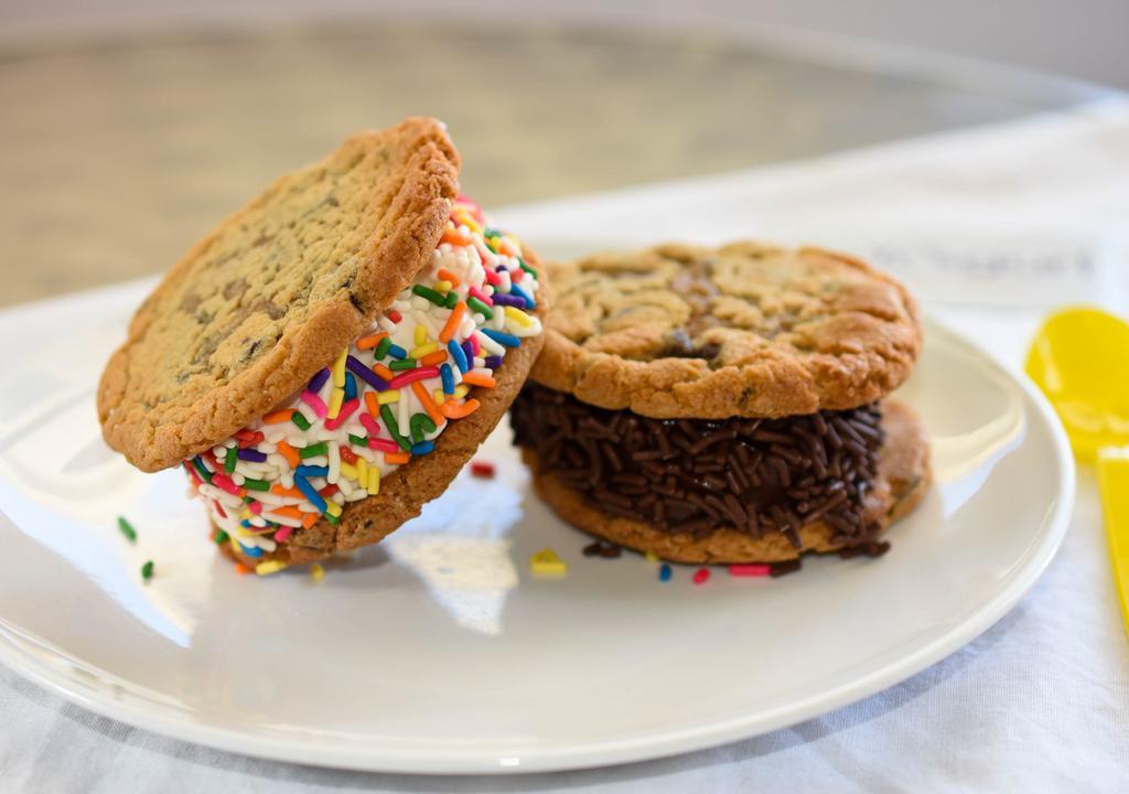 Chocolate Chip Cookie Sandwich · Two of our in store baked chocolate chip cookies with triple chocolate froyo with chocolate sprinkles or tahitian vanilla froyo with rainbow sprinkles.