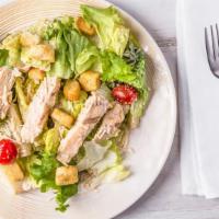Chicken Caesar · Chicken, parmesan cheese, croutons, cherry tomato with mixed greens and iceberg lettuce and ...