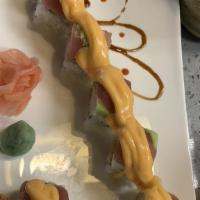 Mars Roll · Crab, green onion, shrimp tempura, topped with tuna, avocado and spicy mayo.