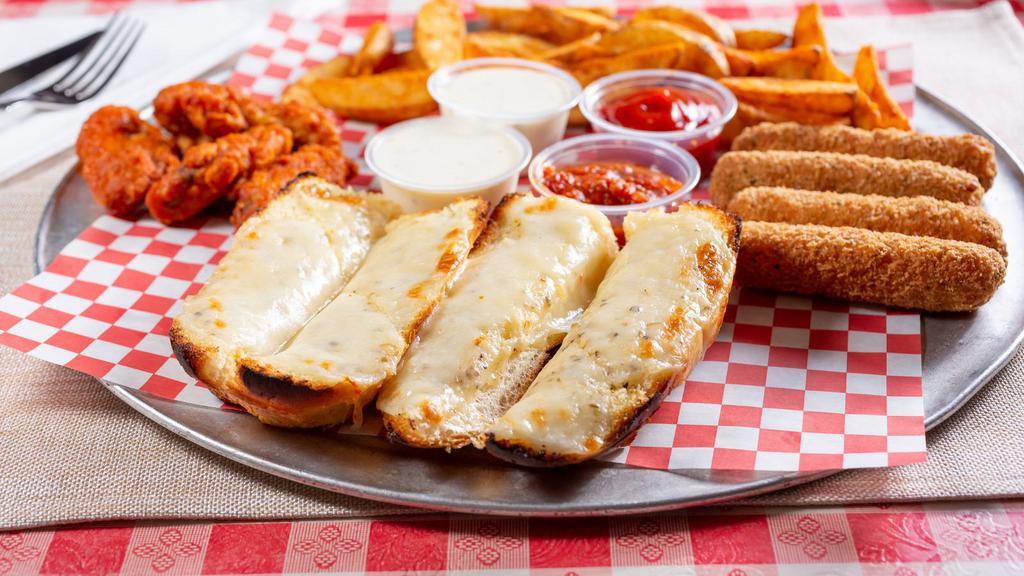 Appetizer Sampler · 6 chicken wings, 4 chicken fingers, 4 mozzarella sticks, onion rings, 4 jalapeno poppers, and french fries served with 4 ranch dips, 2 marinara sauce, 2 hot sauce.