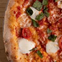 Margherita Pizza · Red sauce, mozzarella, fresh mozzarella, grape tomatoes & fresh basil