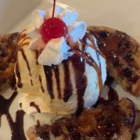 Churro Waffle · Dulce de leche drizzle, vanilla ice cream on side.