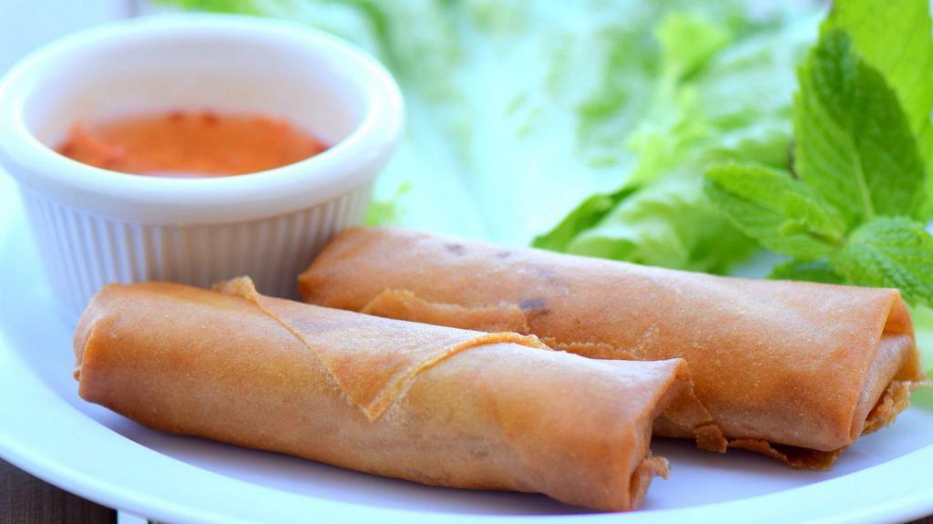 Cha Gio (Eggrolls) (2) · Choice of pork or tofu, taro, carrots, cabbage, and bean thread noodle rolled in rice paper and fried golden brown. Served with sweet chili sauce.