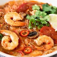 Shrimp Tom Yum Soup · Sweet and sour soup base. Contains Shrimps, mushrooms, and tomato