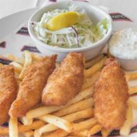 Alaskan Cod & Chips · Two piece tempura battered cod, fries, and homemade slaw.