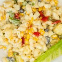 Macaroni Salad · Tender elbow macaroni mixed with mayo, sweet pickle relish, peas, corn, minced onion, celery...