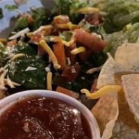 Half Salad: Taco Salad · (Salida del Sol Mexican Amber) Romaine, shredded chicken, beans, avocado, green onions, toma...