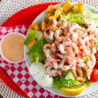 Shrimp Salad · Mounds of Bay shrimp served on romaine with cucumber, tomato, hard-boiled egg. Parmesan & cr...
