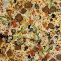 Medium 12'' (6 Slice) Capitale Supremo Pizza · Pepperoni, Italian sausage, Canadian bacon, salami, black olives, mushrooms, red onions, roa...