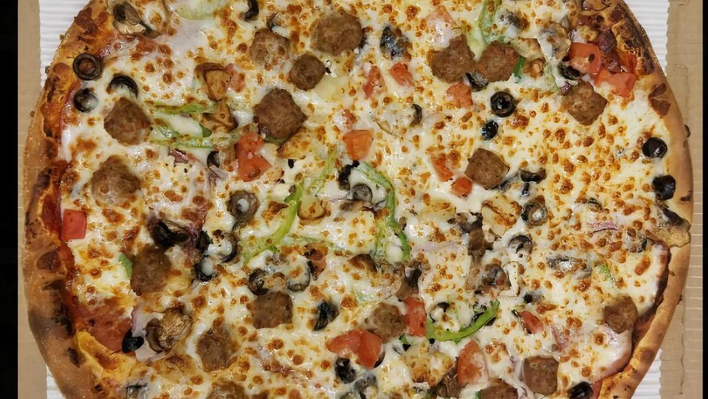 Small 10'' (6 Slice) Capitale Supremo Pizza · Pepperoni, Italian sausage, Canadian bacon, salami, black olives, mushrooms, red onions, roasted garlic, green peppers, diced tomatoes, feta and mozzarella cheese.