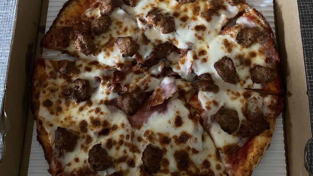 Large 15'' (8 Slice) Meat Lover'S Pizza · Pepperoni, salami, Canadian bacon and bacon smothered with mozzarella cheese and topped with Italian sausage.