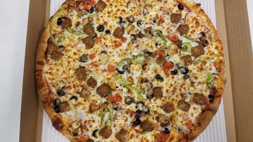 Large 15'' (8 Slice) Capitale Supremo Pizza · Pepperoni, Italian sausage, Canadian bacon, salami, black olives, mushrooms, red onions, roasted garlic, green peppers, diced tomatoes, feta and mozzarella cheese.