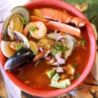 7-Mares Soup (7 Seas Soup) · Fish,Octopus, Snow Crab Legs,Clams,Shrimp, mussels, oysters soup stewed carrots and celery, ...