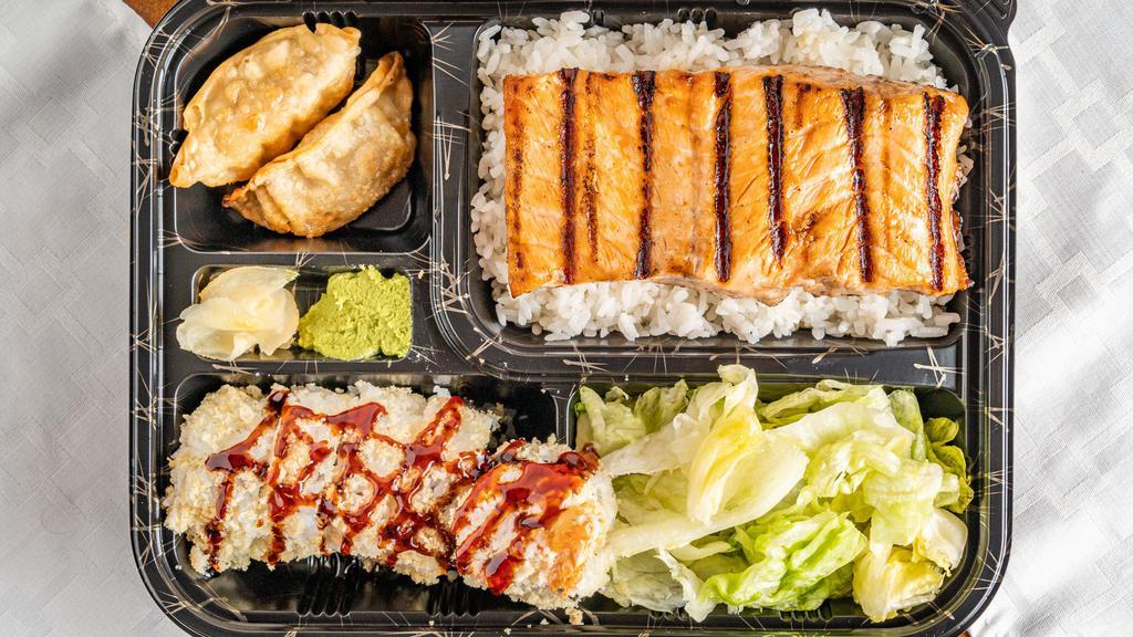 Salmon Bento Box · Served with, miso soup, salad, two pieces gyoza, and rice. 1 plus choice of the sushi bar.