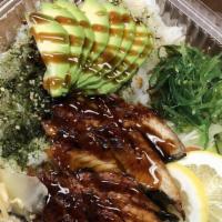 Unagi Bowl · Rice, salad, miso soup, seaweed salad ,cucumber salad, and avocado.