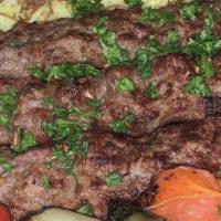 Meat Kabob 3 Shish · Skewered seasoned ground beef charbroiled to perfection.