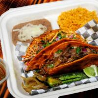 Taco Combo Plate · 1 Beef Birria Taco, 1 Chicken Birria Taco with cilantro and onion  served with rice, beans, ...