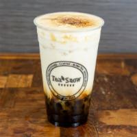 Golden Bubble Milk · Brown sugar boba with fresh milk layered with sea salt cream and topped with caramelized bro...