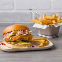 Crispy Chicken Sandwich · Topped with Firecracker Coleslaw, Pickles, and Mayo.