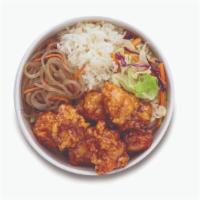 Rock Bop Bowl · Korean style spicy fried chicken, served with rice, cabbage mix, and noodles.