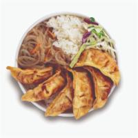 Mandoo Bop Bowl · Korean Style Deep Fried Potstickers served with Rice, Cabbage and Sweet Potato Noodles toppe...