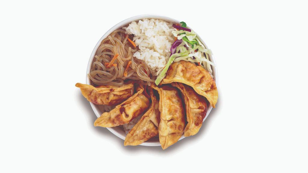 Mandoo Bop Bowl · Korean Style Deep Fried Potstickers served with Rice, Cabbage and Sweet Potato Noodles topped with your Favorite Spice Level