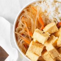 Doochi Bop Bowl · Korean style stir-fried tofu. Served with rice, cabbage mix, and noodle. *Vegan without lime...