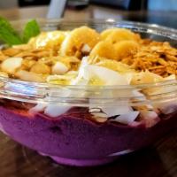 Acai Bowl · Acai, soy, banana, blueberry, blackberry, raspberry, pumpkin flax granola, fresh banana, sha...