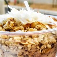 Vegan Overknight Oats · Rolled oats, soy milk, peanut butter, chia seeds, vanilla, banana, shaved coconut, pumpkin f...